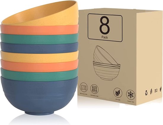 Shatterproof Cereal Bowls, 8 Pcs Plastic Bowls Set for Camping, 750ml Lightweight Large Serving Bowls, Salad Bowls, Dinner Bowl, Dessert Bowl for