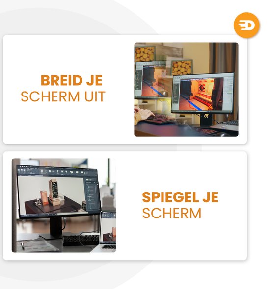 Computerschermen met 3D-ontwerp software, twee foto's van uitbreidings- en spiegelmodi.
