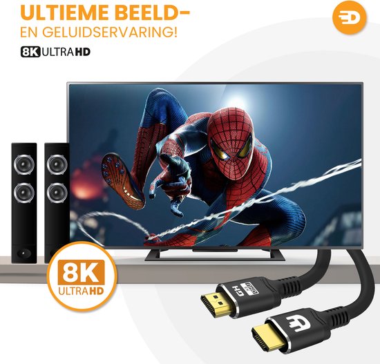 Zwarte HDMI-kabel met gouden connectoren bij een tv die Spiderman toont en een geluidsinstallatie. 8K Ultra HD.