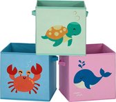Opbergdozen, set van 3, vouwdozen, stoffen dozen met handgrepen, speelgoedorganizer, 30 x 30 x 30 cm, voor kinderkamer, speelkamer, zeemotieven, blauw, groen en roze