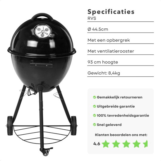 Cheqo® Luxe Houtskool BBQ - Houtskoolbarbecue - Barbecue - Ø48cm - Grill-oppervlak 44.5cm - Voorraadrek - Verrijdbaar - Ventilatierooster - Hoogte 93cm - Gewicht 8.4kg van Cheqo — afbeelding 5