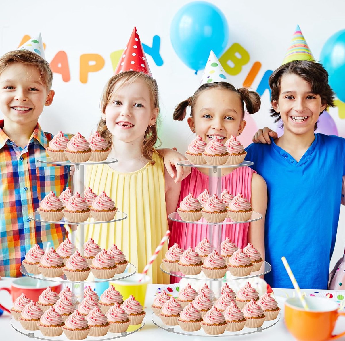 4 Tier Vierkante Cupcake Stand, Cupcake Standaard met led Lichtketting