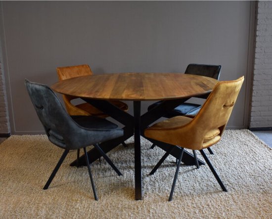 COMBIDEAL - Table à manger ronde en manguier spider 150 cm bord effilé avec 4 chaises milou - Choisissez votre couleur !