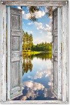 Affiche de jardin - Vue - Forêt - Arbres - Nuages - Jardin - 80x120 cm - Toile de clôture - Peinture de jardin - Toile de jardin