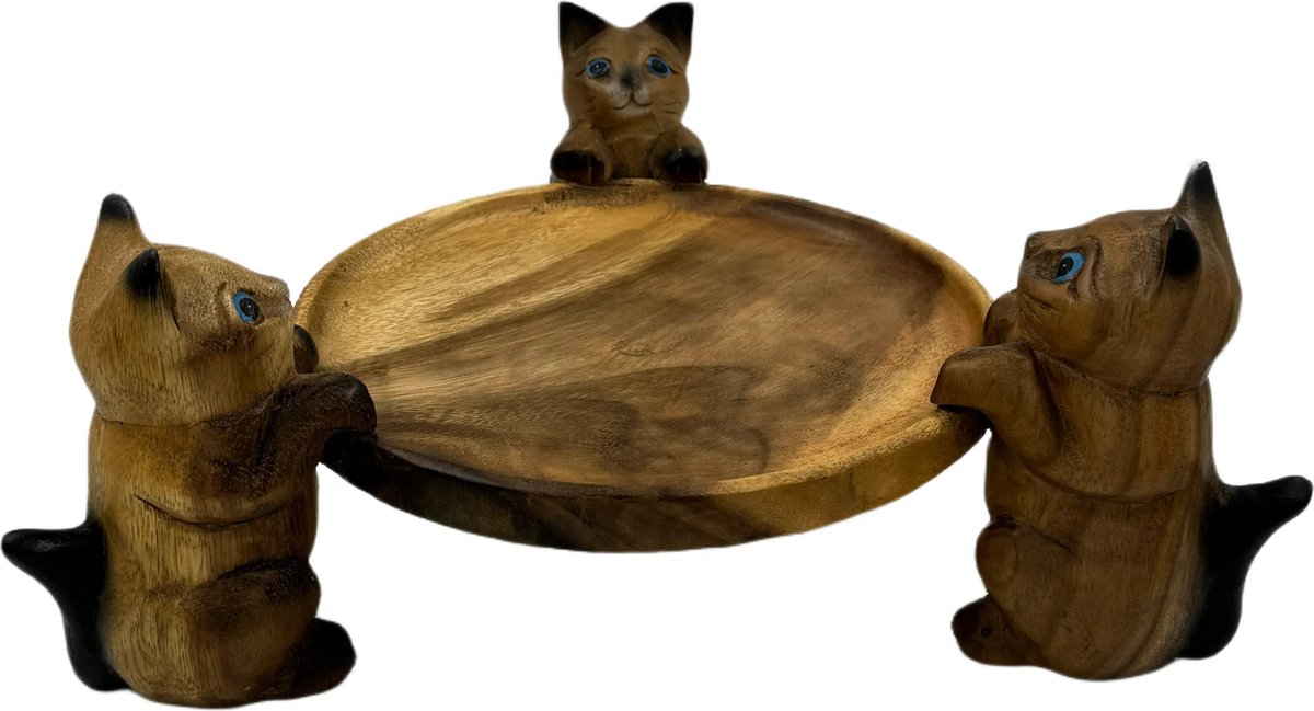 Western Deco - 3 katten houten schaal - handgemaakt - rond - 35x35x16 cm