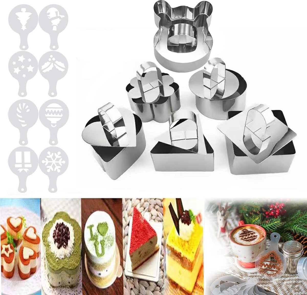Taartring, 6 stuks dessertringen, voor dessert, gebak, mousse, cakevorm, verschillende maten en vormen, verdikt roestvrij staal, taartring vorm, met 8 sjablonen
