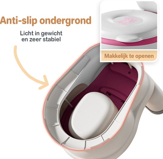 Close-up van het binnenste van een roze en wit Twinky plaspotje, met de deksel open. Tekst: "Anti-slip ondergrond. Makkelijk te openen."