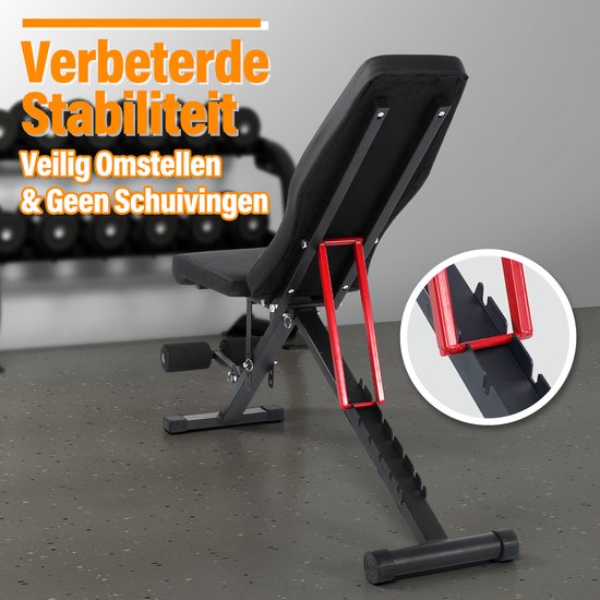 Zwarte halterbank met rode steunen, benadrukt verbeterde stabiliteit en veilig instellen zonder schuiven.