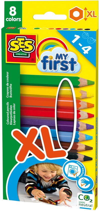 Boîte de 8 crayons de couleur extra épais My First de SES Creative, pour enfants de 1 à 4 ans, super lavable.