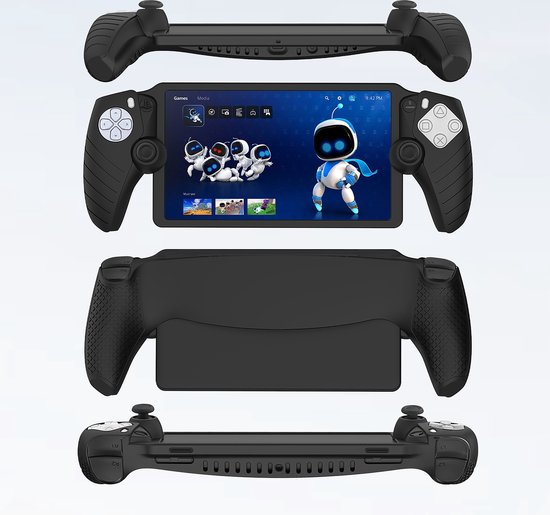 Gedemonteerde weergave van de zwarte hoes voor de Playstation Portal, met controllers en scherm.