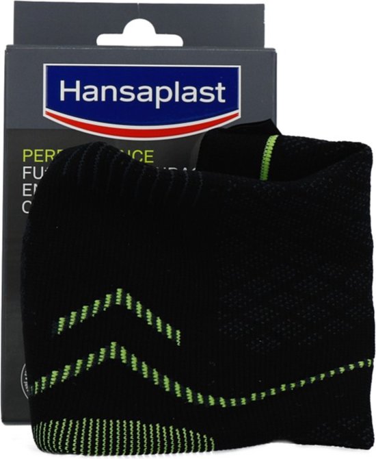 Zwarte sport enkelbrace met groene accenten, naast de verpakking.