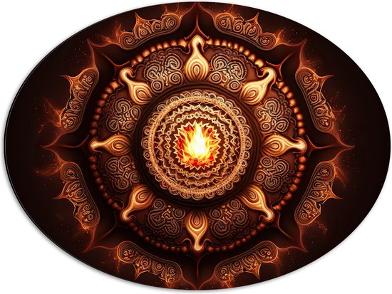 Dibond Ovaal - Mandala - Vuur - Oranje - Rond - 68x51 cm Foto op Ovaal (Met Ophangsysteem)