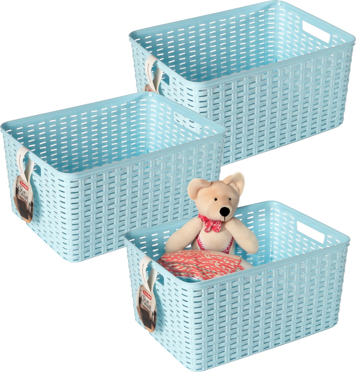 PLASTICFORTE Opbergmand - 3x - Kastmand - rotan kunststof - lichtblauw - 18 Liter - 29 x 39 x 20 cm