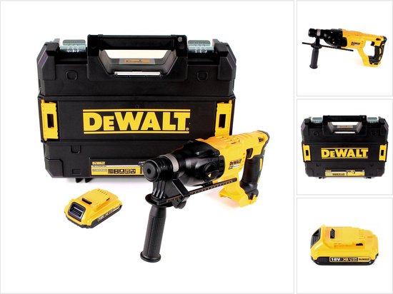 Collage van DeWalt combihamer, koffer, accu en losse onderdelen.
