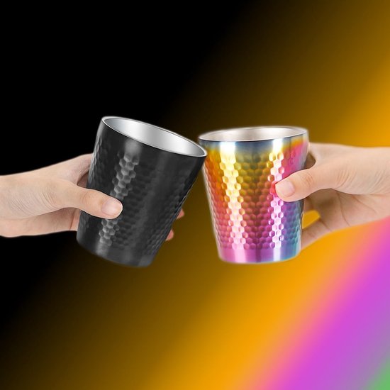 LEKEFETO 5 stuks roestvrijstalen bekers 300ml met diamantstructuur | Dubbelwandig geïsoleerd, stapelbaar & breukbestendig | SUS304 Levensmiddelenecht (Zilver) - Vaatwasmachinebestendig voor horeca