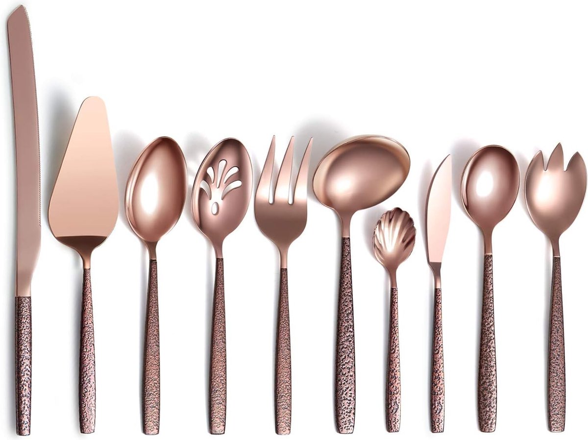 Bestek serveerset 10 stuks met maanoppervlak handvat en roségouden mond titanium coating roestvrij staal modern bestek serveerset serveerlepel serveergerei