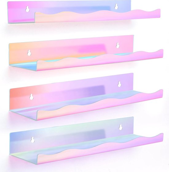 Schitterende zwevende planken [4-pack] - regenboogrek zwevend - acryl wandset voor speelgoed, verzamelstukken - wandrek badkamer, slaapkamer, kinderkamer - 40 cm lang