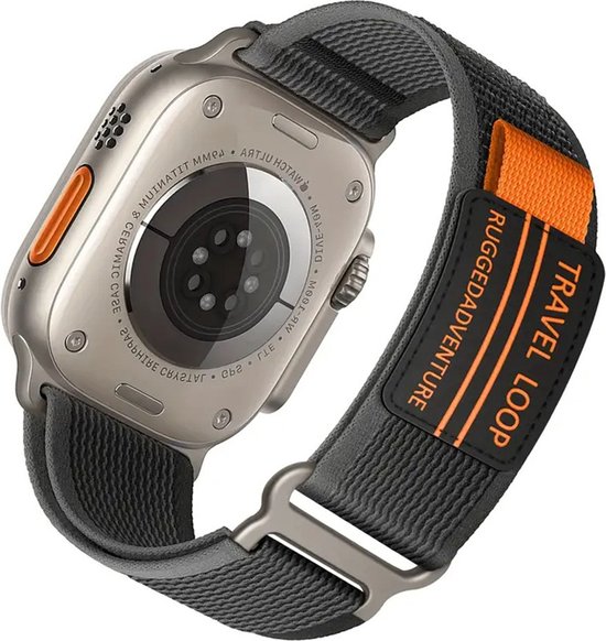 Nieuw Trail Loop Sportband Zwart/Grijs - Geschikt voor 42mm - 44mm - 45mm - 49mm Apple Watch - Zachte nylon smartwatchband met klittenband - Voor iWatch Series Ultra 9 8 7 6 SE 5 4 3 2 1 grote modellen