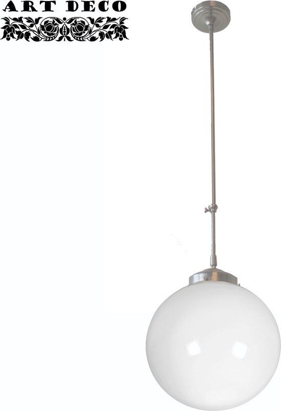 Art deco hanglamp Globe | 1 lichts | 65-105 cm | Ø 30 cm | grijs / staal / wit | glas / metaal | verstelbaar | woonkamer | gispen / retro / jaren 30