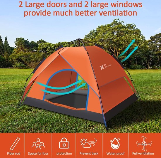 Automatische Pop-up Campingtent voor 3-4 Personen - Waterdicht en Winddicht - Inclusief Grote Draagtas - Ideaal voor Gezinscamping en Buitenactiviteiten - Oranje van Merkloos — afbeelding 5