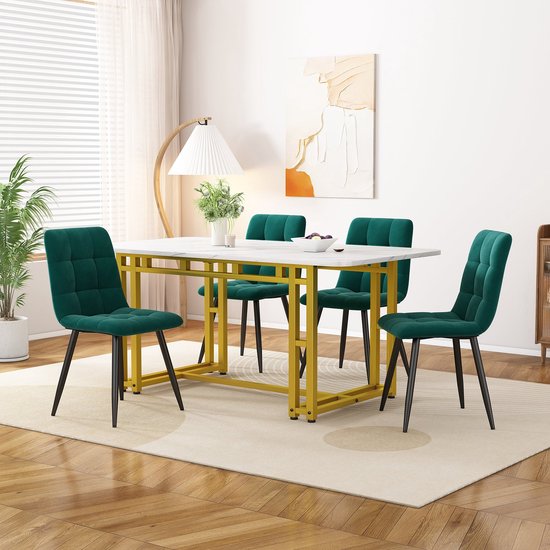 Merax Ensemble de salle à manger de Luxe – Set de table à manger avec 4 Chaises de salle à manger en velours et Pieds dorés – Chaises vert foncé avec Zwart et table Wit avec or