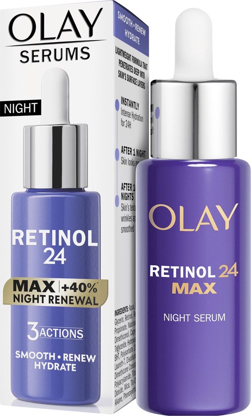 Olay Retinol 24 MAX Nachtserum, paarse fles met druppelaar. Doos met tekst '3 ACTIES SMOOTH RENEW HYDRATE'.