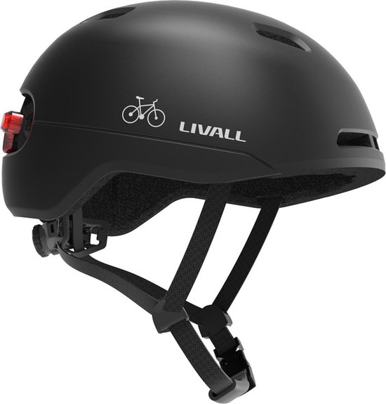 Zwarte LIVALL fietshelm met LIVALL logo, belijning en een rood remlicht aan de achterkant.