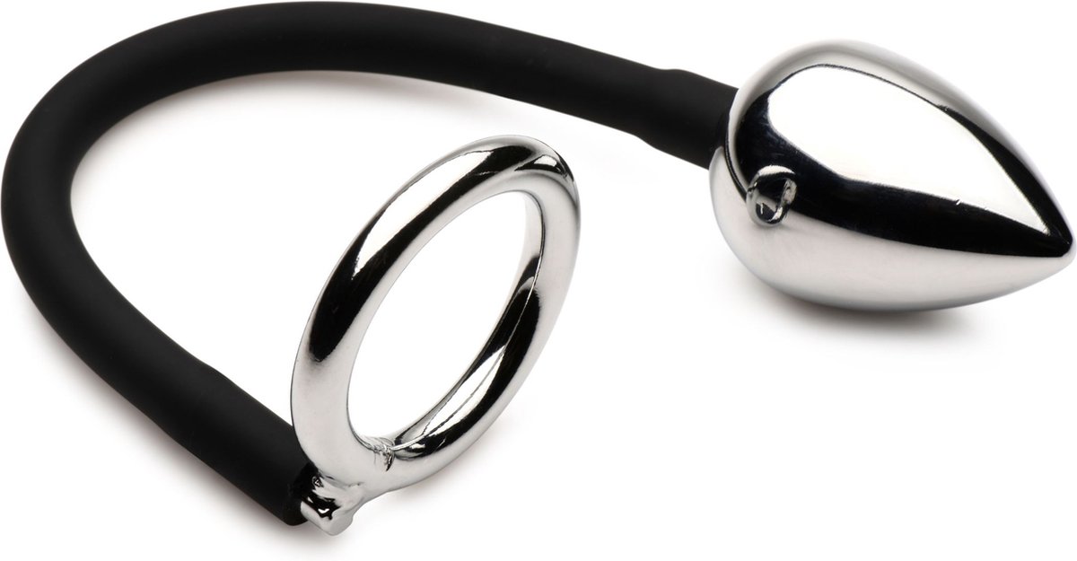 Goedkoopste XR Brands - Tug Plug Cock & Ball Ring met Anaalplug - Zwart&Zilver