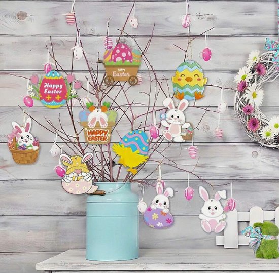 Schattige konijn figuren - Happy Easter - Paasdecoratie | Konijntjes - Hanger - Paashangers | Decoratie kinderkamer - Versiering | Guirlande - Banner | Pasen - Paashaas - Haas | Set van 8 stuks!