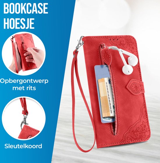 OPPO A72 Book Case Cover avec Camera Protection - Cuir Artificiel - Porte-Cartes - Cordon - Motif Fleurs - OPPO A72 - Rouge