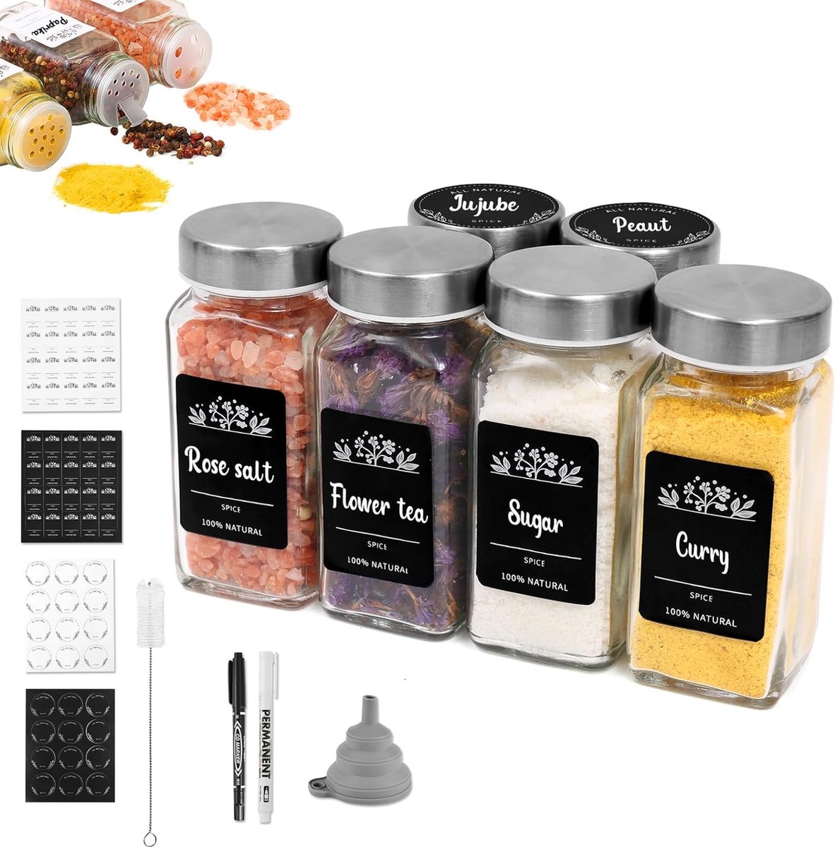 Kruidenpotjes vierkant met strooiinzetstuk roestvrijstalen deksel kruidenpotjes set van 120 ml set van 6 kruidenpotjes met strooieropzetstukken kruidenpotjes