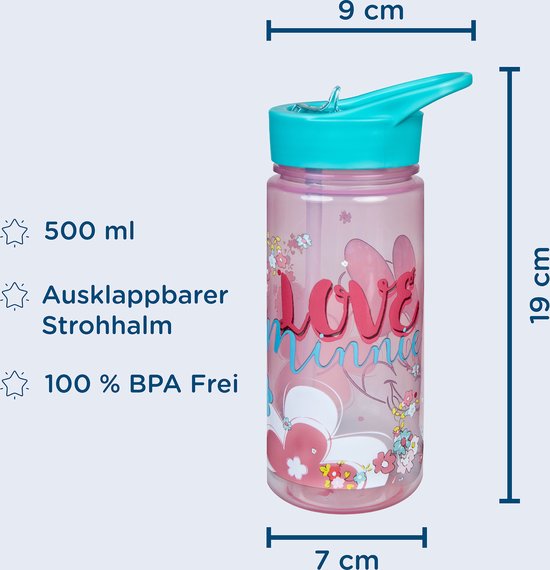 Bouteille rose de 19cm de haut, 7cm de large, 9cm de profondeur, avec Minnie Mouse et des fleurs. Bouchon bleu, paille pliable.