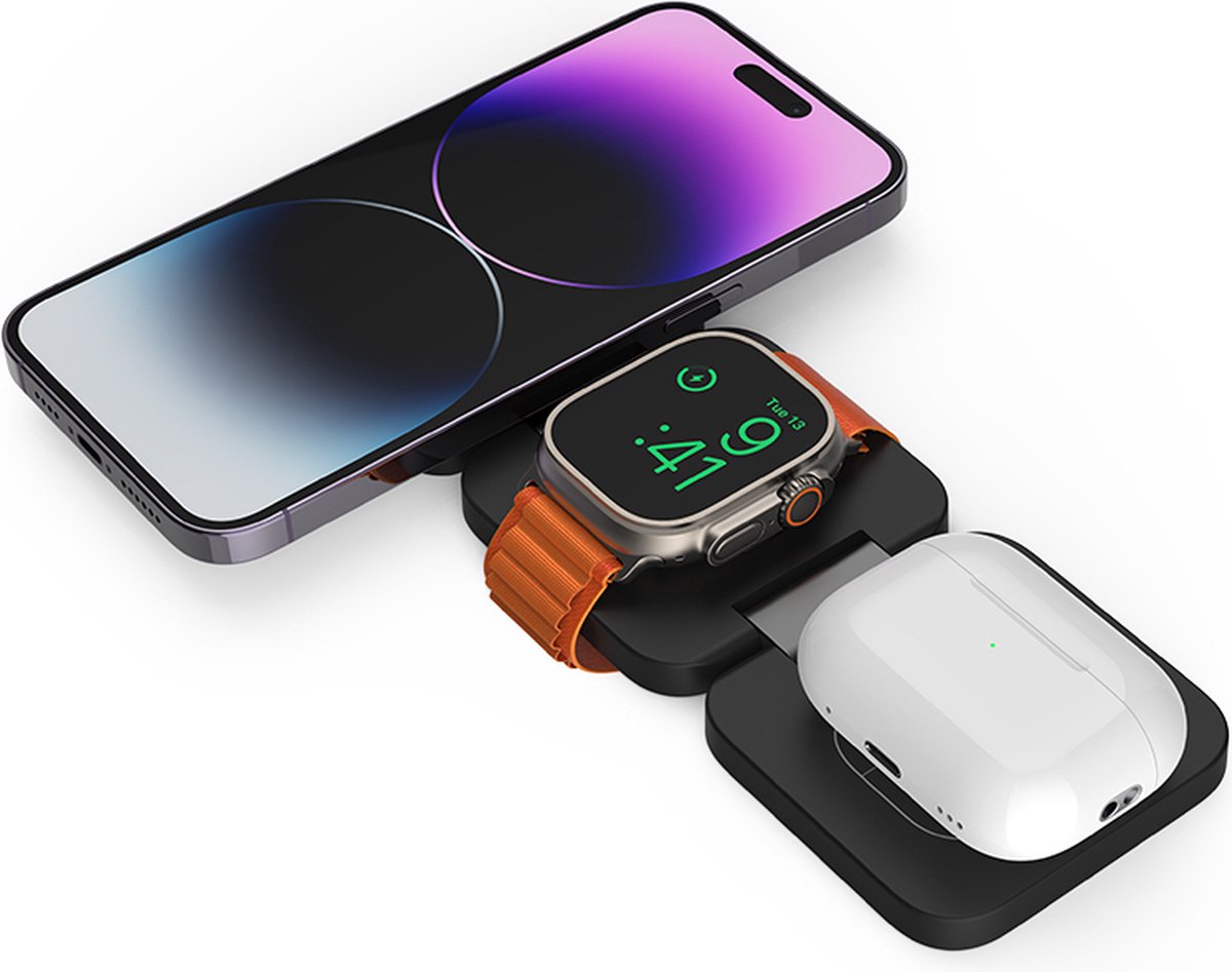 3-in-1 magnetische draadloze oplader compatibel met MagSafe-technologie - snellaadfunctie compatibel met Apple Watch 7-9 en Ultra 1-2, iPhone 12-15, AirPods 2/3/Pro, Qi-apparaten (IJzergrijs)