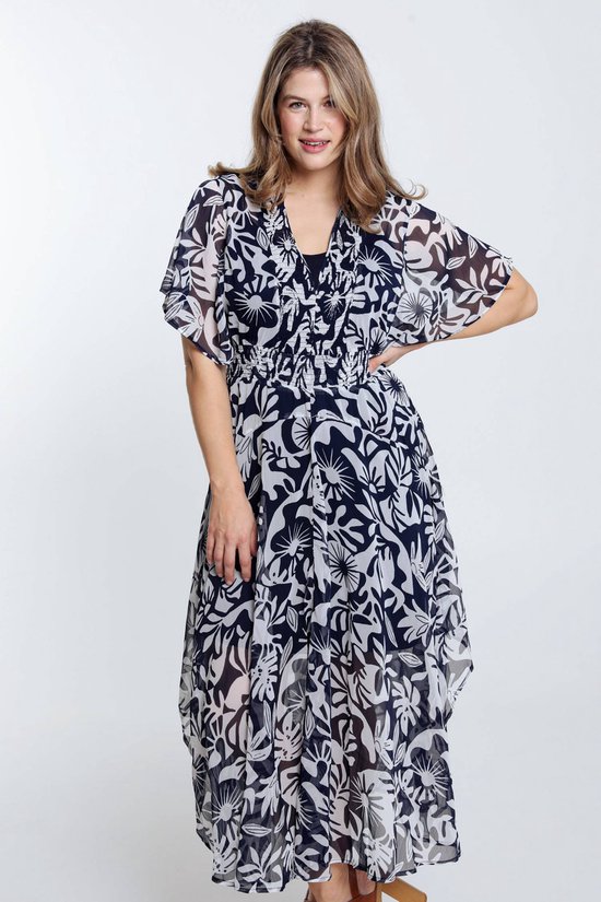 Paprika Lange jurk in voile met tweekleurige print en smokwerk