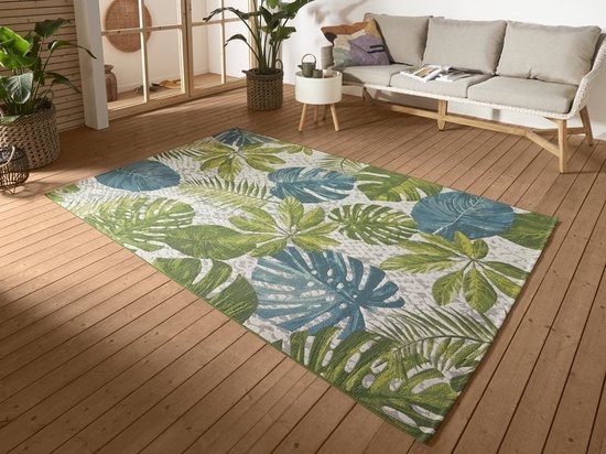 Flycarpets Flair Binnen & Buitenkleed Vloerkleed Tropical Leaves - Turquoise / Groen - 240x340 cm