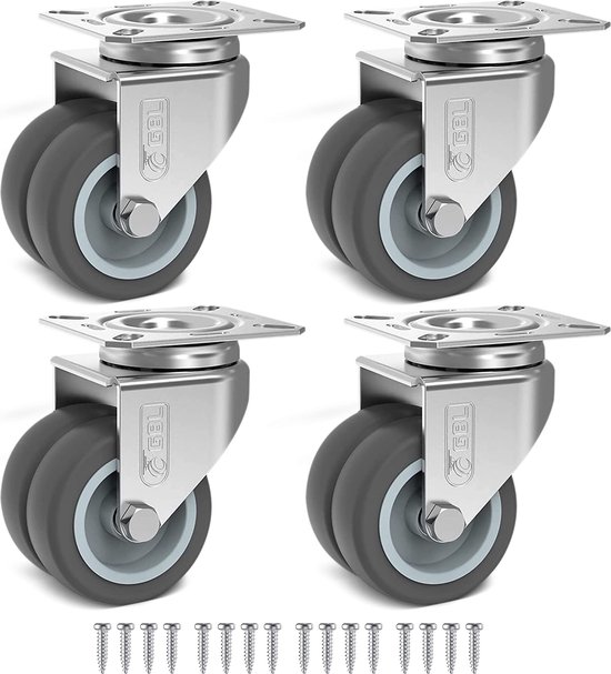 GBL Roulettes Heavy Duty + Vis - 50 mm jusqu'à 200 kg - Paquet de 4 roulettes silencieuses No marques de sol pour meubles - Roues de chariot recouvertes de caoutchouc - Roulettes argentées