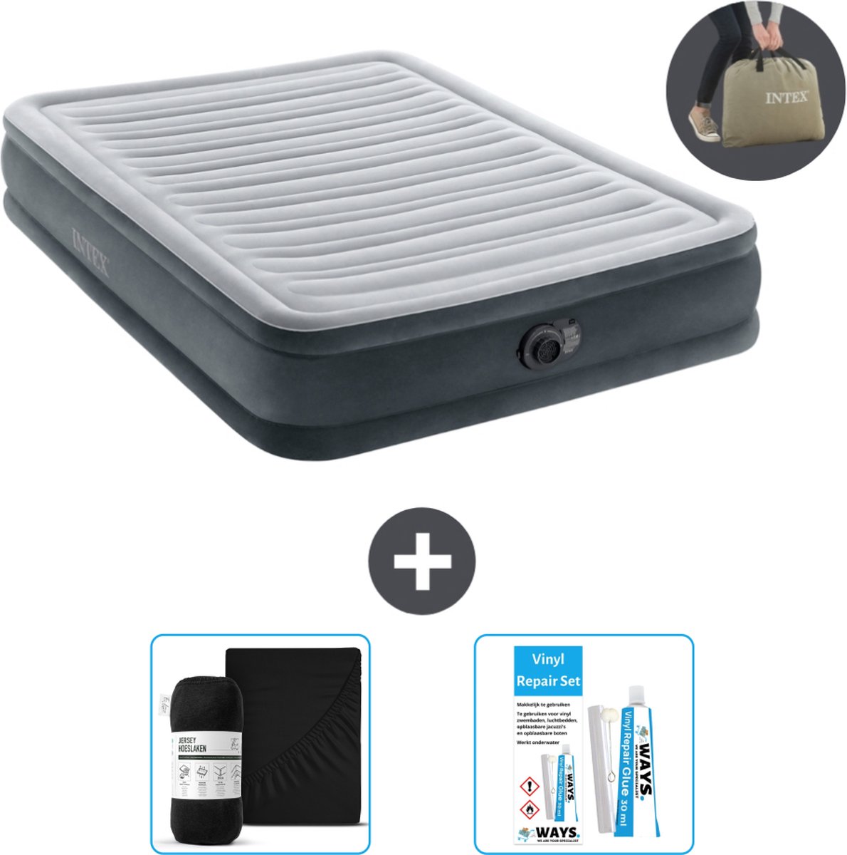 Intex Luchtbed - Twijfelaar - 137 x 191 x 33 cm - Grijs - Inclusief pomp - Hoeslaken en Reparatieset