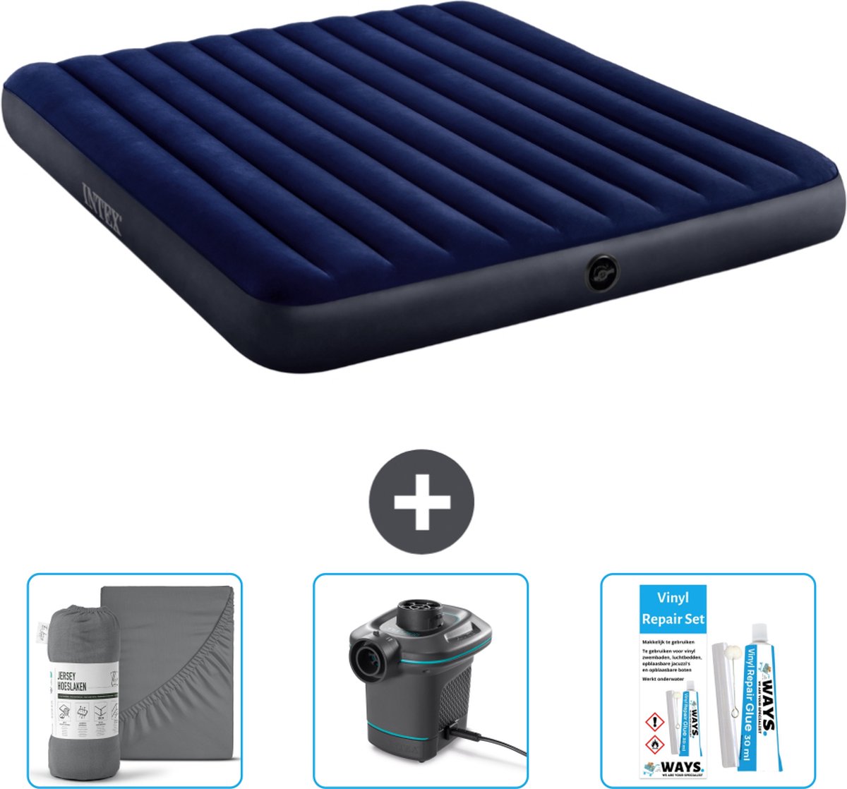 Intex Luchtbed - 2-Persoons - 183 x 203 x 25 cm - Blauw - Inclusief Hoeslaken - Pomp en Reparatieset