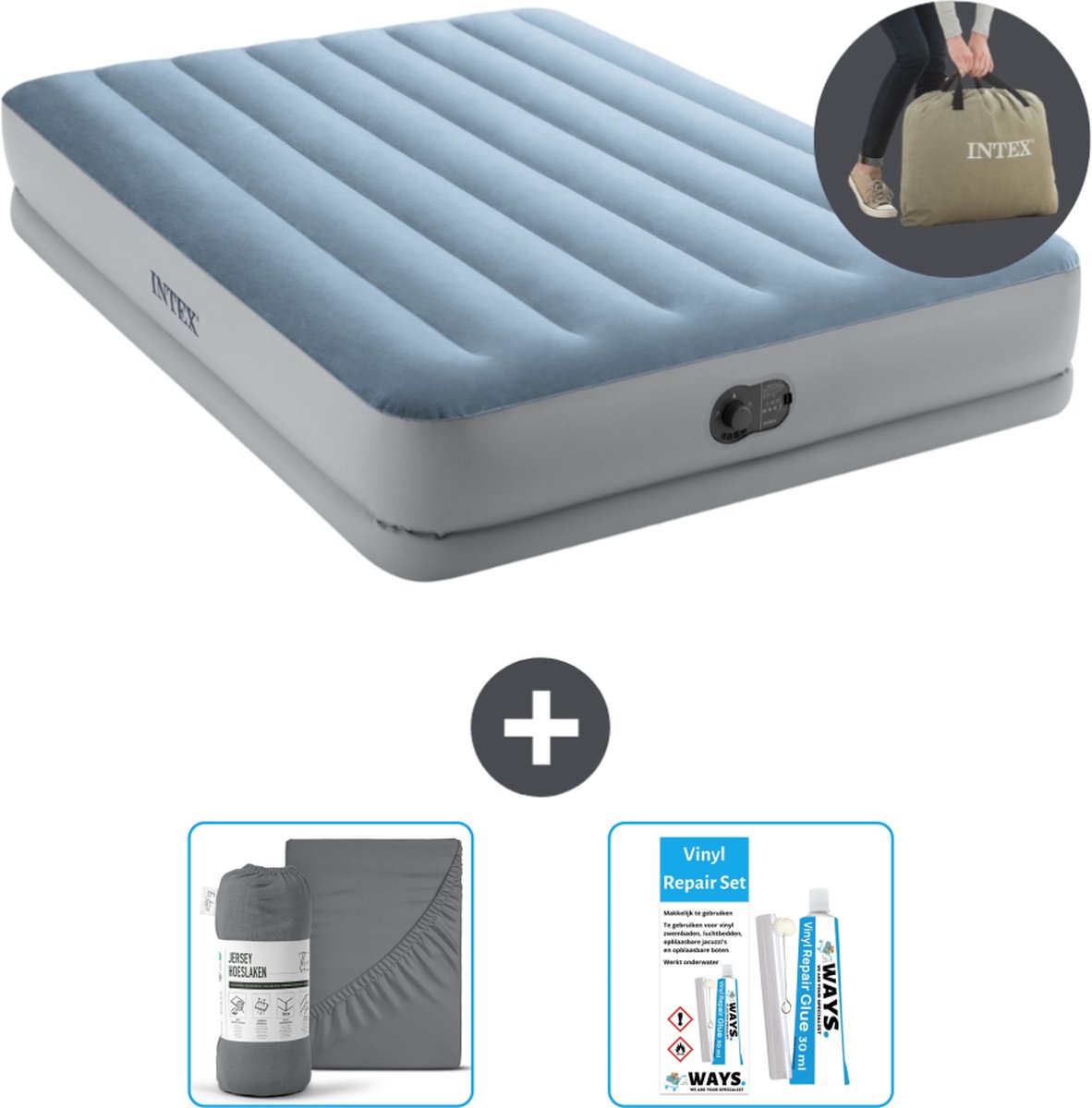Intex Luchtbed - 2-Persoons - 152 x 203 x 36 cm - Blauw/Grijs - Inclusief pomp - Hoeslaken en Reparatieset