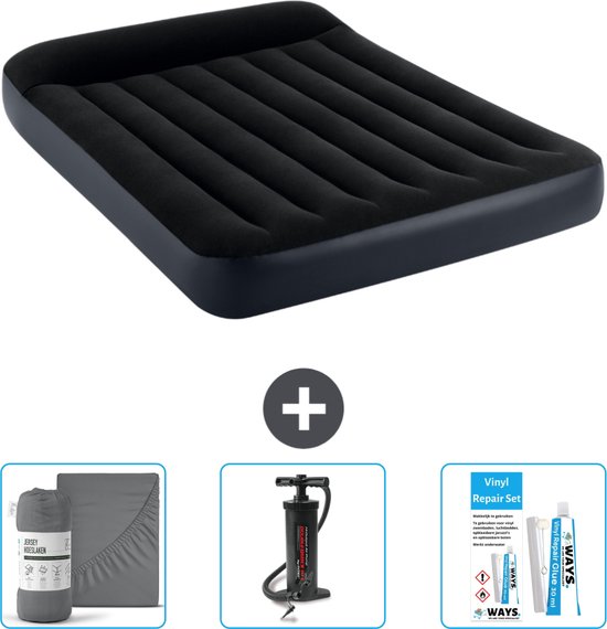 Matelas gonflable Intex - Lit double - 137 x 191 x 25 cm - Bleu foncé - Hoeslaken inclus - Pompe et kit de réparation