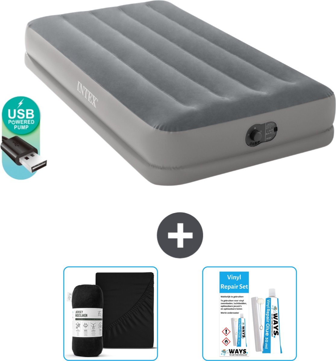 Intex Luchtbed - 1-Persoons - 99 x 191 x 30 cm - Grijs - Inclusief pomp - Accessoires CB18