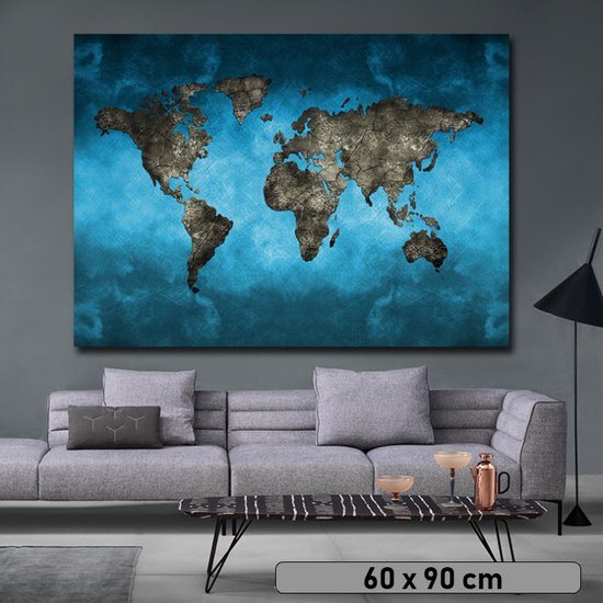 Allernieuwste.nl® Canvas Schilderij * Blauw-Zwarte Wereldkaart Landkaart * - Moderne Kunst aan je Muur - Minimalistisch - Blauw - 60 x 90 cm