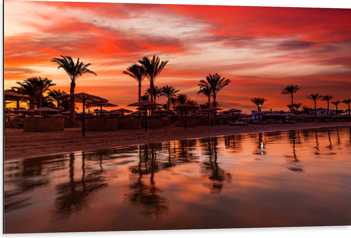 Dibond - Strand - Zee - Zonsondergang - Parasols - Palmbomen - 105x70 cm Foto op Aluminium