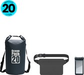 Somstyle 3-in-1 Drybag Set 20 Liter - Droog Tas, Heuptas & Telefoonhoes Waterdicht - Outdoor, Vakantie, Travel & Zwemmen - Zwart