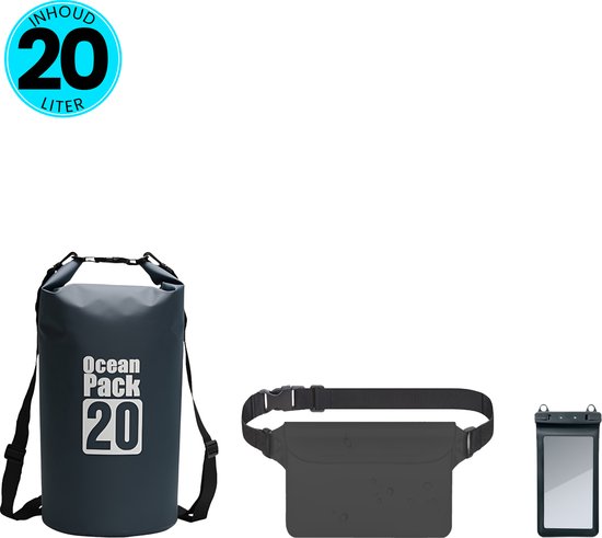 Een grijze drybag van 20 liter met draagbanden, een zwarte heuptas en een waterdichte telefoonhoes.