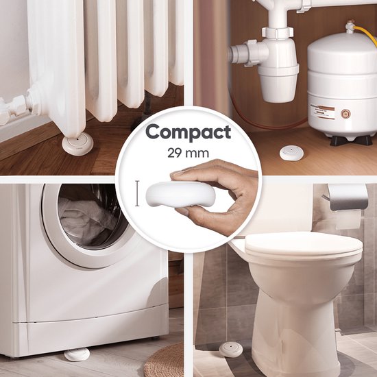 Een collage die de compacte, 29 mm grote witte watermelder toont naast een verwarming, waterpomp, wasmachine en toilet.