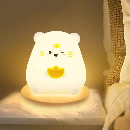 Goeco nachtlampje - 10*12.8cm - Klein - LED - 2W - 3 kleuren oplaadbaar kindernachtlampje - tijgerbedlampje - zacht siliconen