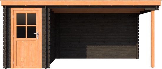 BlokhuttenOutlet.nl Blokhut met overkapping lessenaar dak 150 x 250 + 350cm in black wash met douglas wash