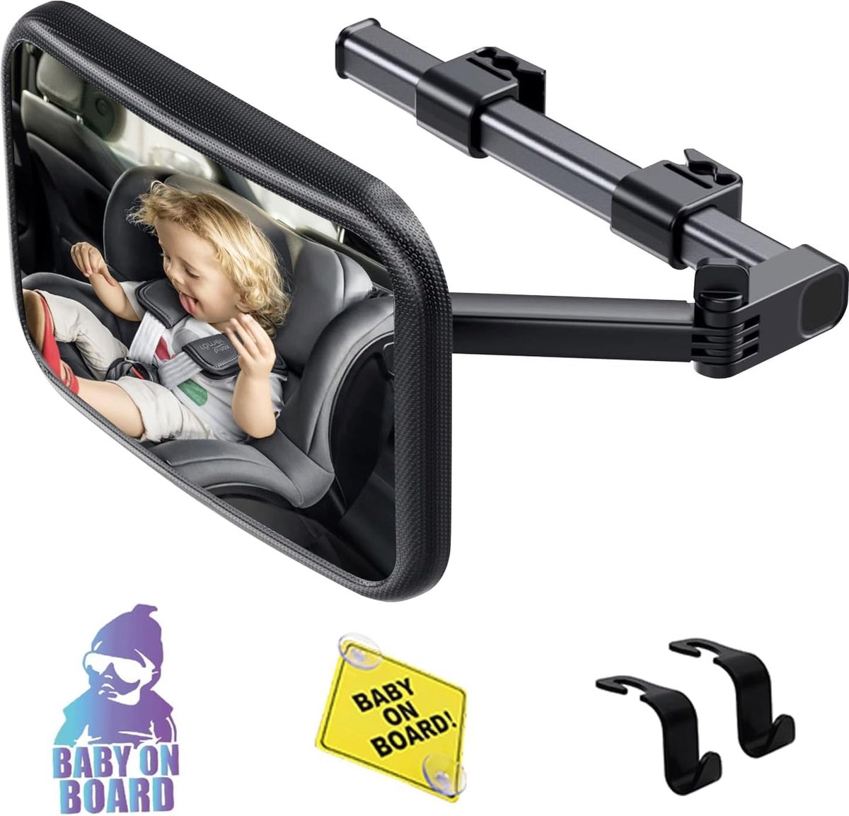 Autospiegel voor baby's 360 graden met uittrekbare armen - Autospiegel voor baby's achterbank inclusief 2 babystickers en 2 hoofdsteunhaken