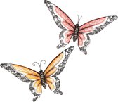 Anna Collection Wanddecoratie vlinders - 2x - oranje/rood - 49 x 28 cm - metaal - muurdecoratie - tuin beelden